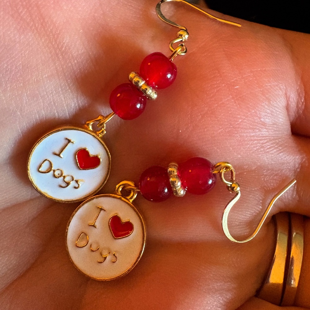 Red and Gold 'I Love Dogs' Earrings